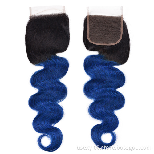 Top Quality Remy Hair Ombre Brazilian Hair Weave Two Tone Color 1B/Blue 4*4 Lace Closure